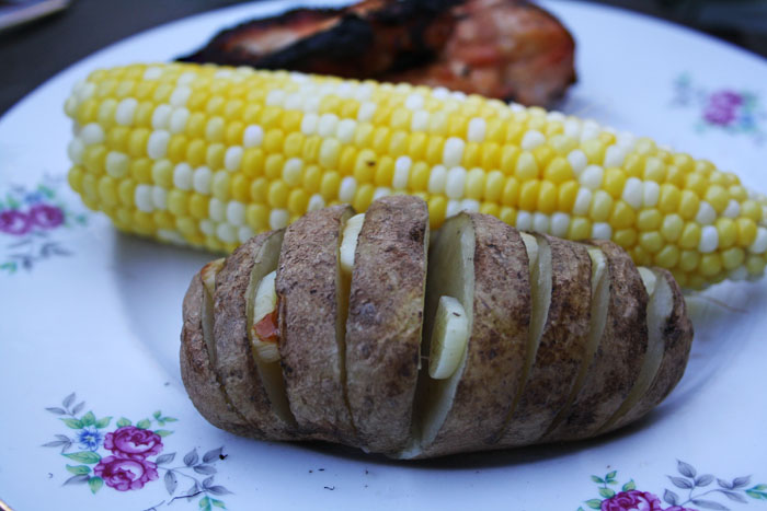 Mango Marinated Peach BBQ Chicken with Hassleback Potatoes