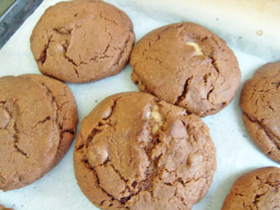 peanut butter stuffed double chocolate chip cookies