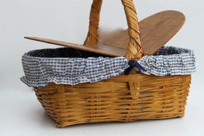Vintage wicker picnic basket with wood double lid 