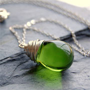 Window Shopping Wednesday - Green Ribbon Gems - Green Glass Necklace Handcrafted of Olive Green Smooth Glass Wire Wrapped Teardrop Pendant on Sterling Silver Cable Chain