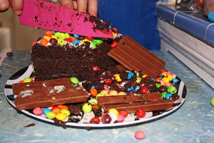 Chocolate Kit Kat Skittles Cake (aka The Willy Wonka Cake)