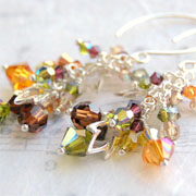 Window Shopping Wednesday - Green Ribbon Gems - Autumn Crystal Earrings Handcrafted of Orange, Brown, and Green Swarovski Crystals in Cascade Style with Sterling Silver Leaf Charms