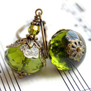 Window Shopping Wednesday - Green Ribbon Gems  -Green Glass Earrings, Olive Green Czech Glass Rondelles, Vintage Style with Antique Brass Beadcaps and Leverbacks
